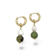 Load image into Gallery viewer, Moss Agate & Pearl Dangles