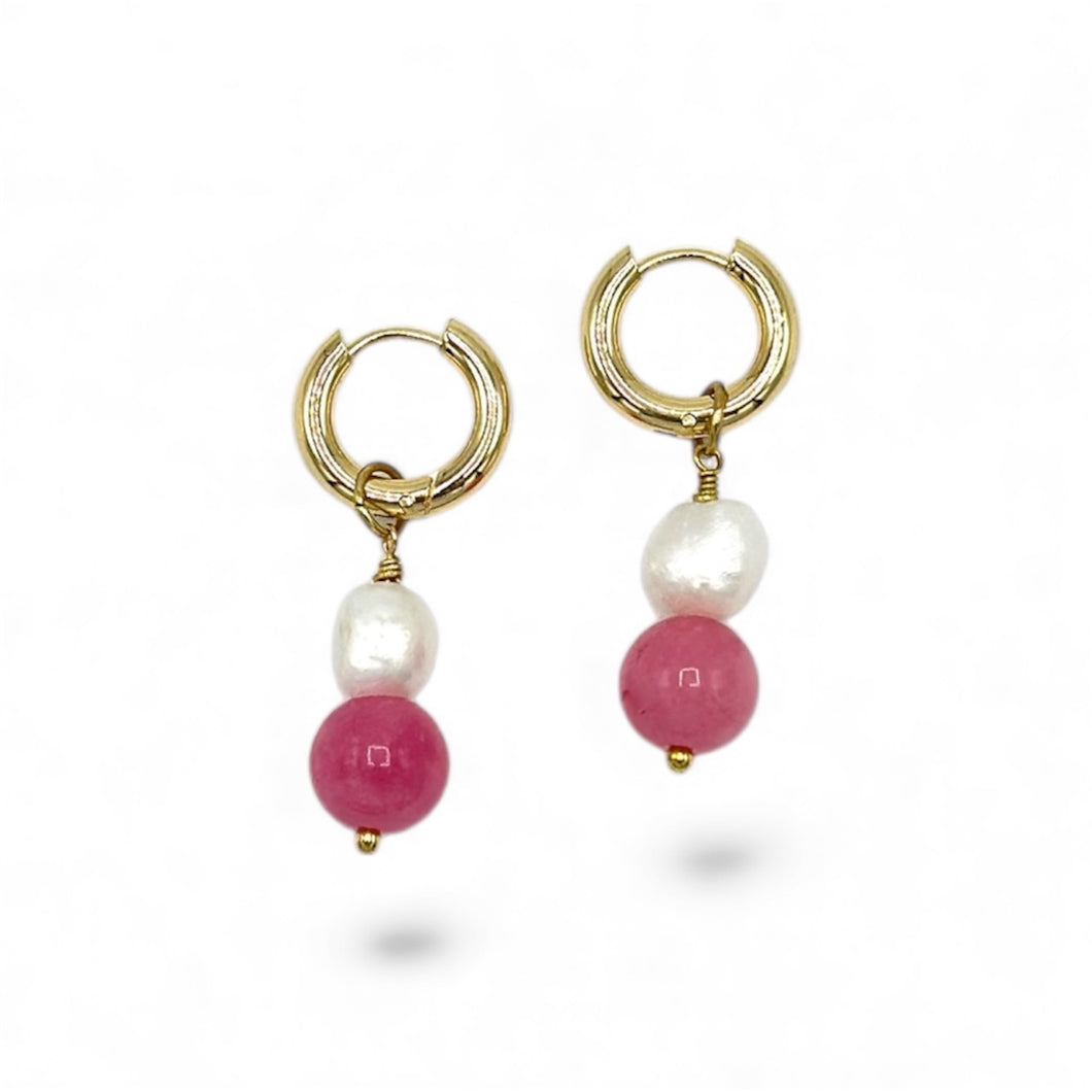 Pink Tourmaline & Pearl Dangles